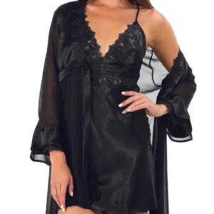 ENSEMBLE DE CHEMISE DE NUIT NOIR EN SATIN