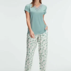 Ensemble pyjama, demi manches , col V, avec dentelle