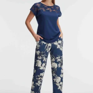 Ensemble pyjama à motifs floraux, manches courtes, col rond tricoté, avec dentelle