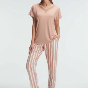 Ensemble pyjama, demi manches , col V, avec Rayures