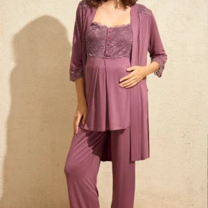 Ensemble Pyjama de Maternité 3 Pièces, Détails en Dentelle
