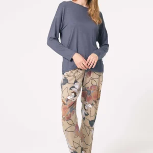 Ensemble pyjama à motifs floraux, manches longues, col rond tricoté, avec dentelle