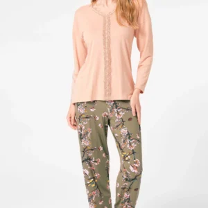 Ensemble pyjama à motifs floraux, manches longues, col V tricoté, avec dentelle